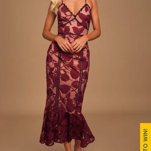 Alluring Dream Burgundy Floral Mesh Lace Trumpet Midi Dress